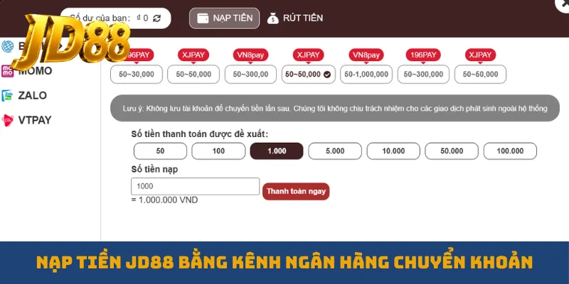 Nạp tiền JD88 bằng kênh ngân hàng chuyển khoản